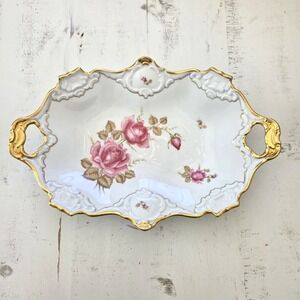 Vintage Alka Kunst Moonrose Gold Gilded Small Platter Dish With Roses